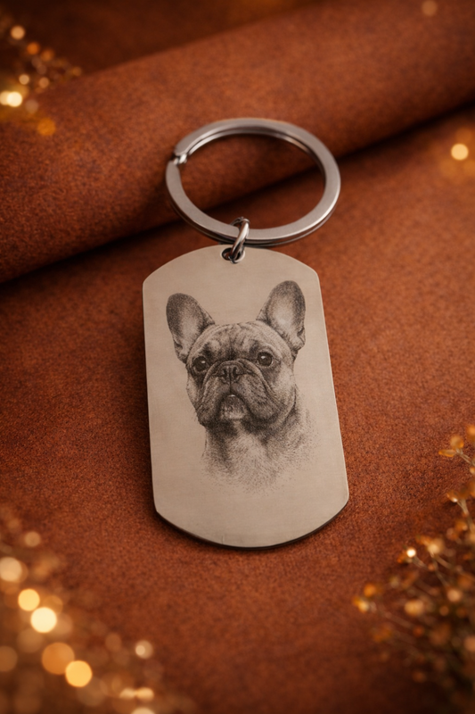 silberner Schlüsselanhänger mit Hundefoto