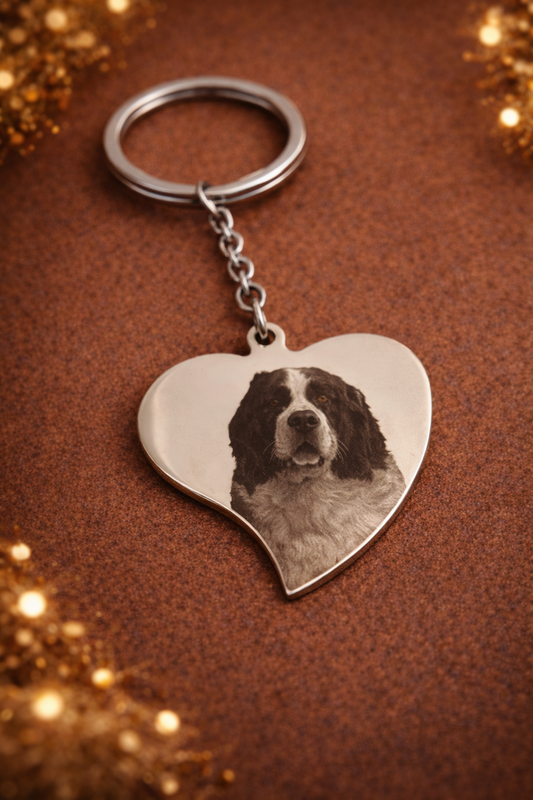 silberner Schlüsselanhänger mit Hundefoto